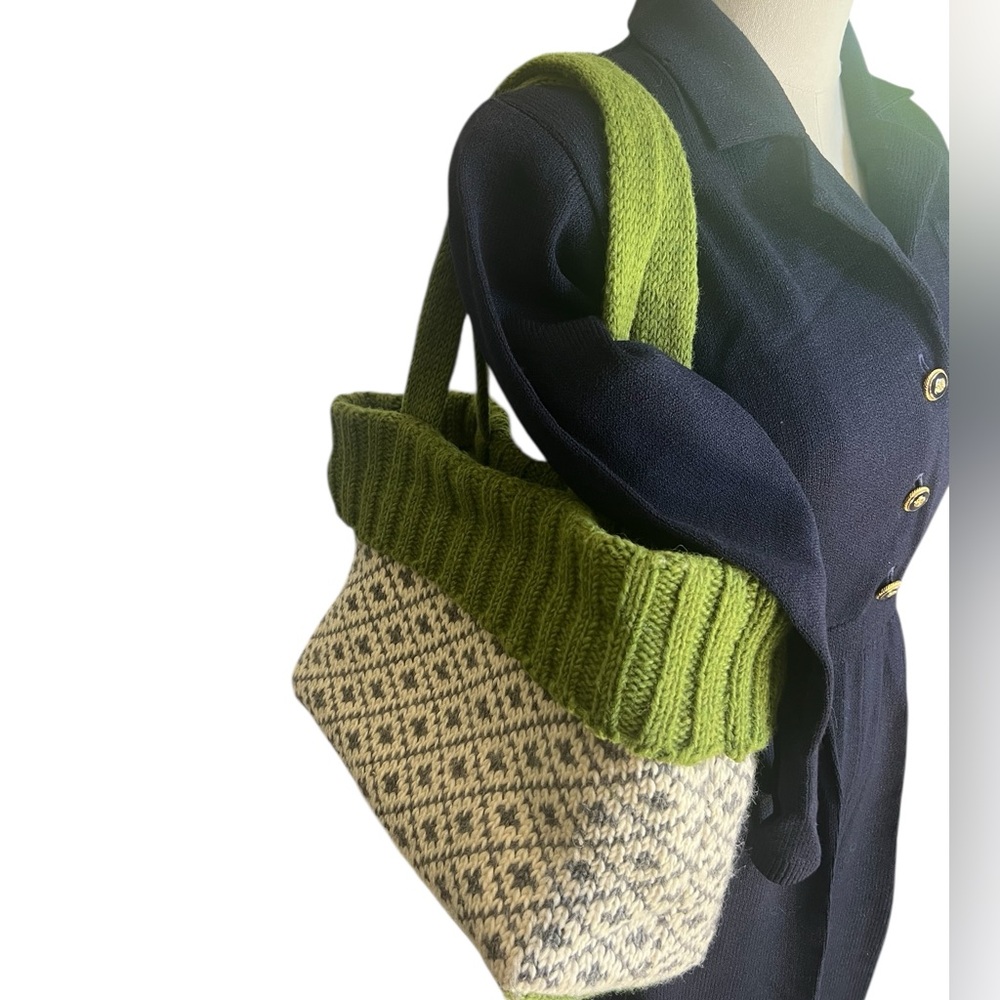Erin Knitwear wool sweater knit and cotton lining Green and Cream Knit Tote Bag